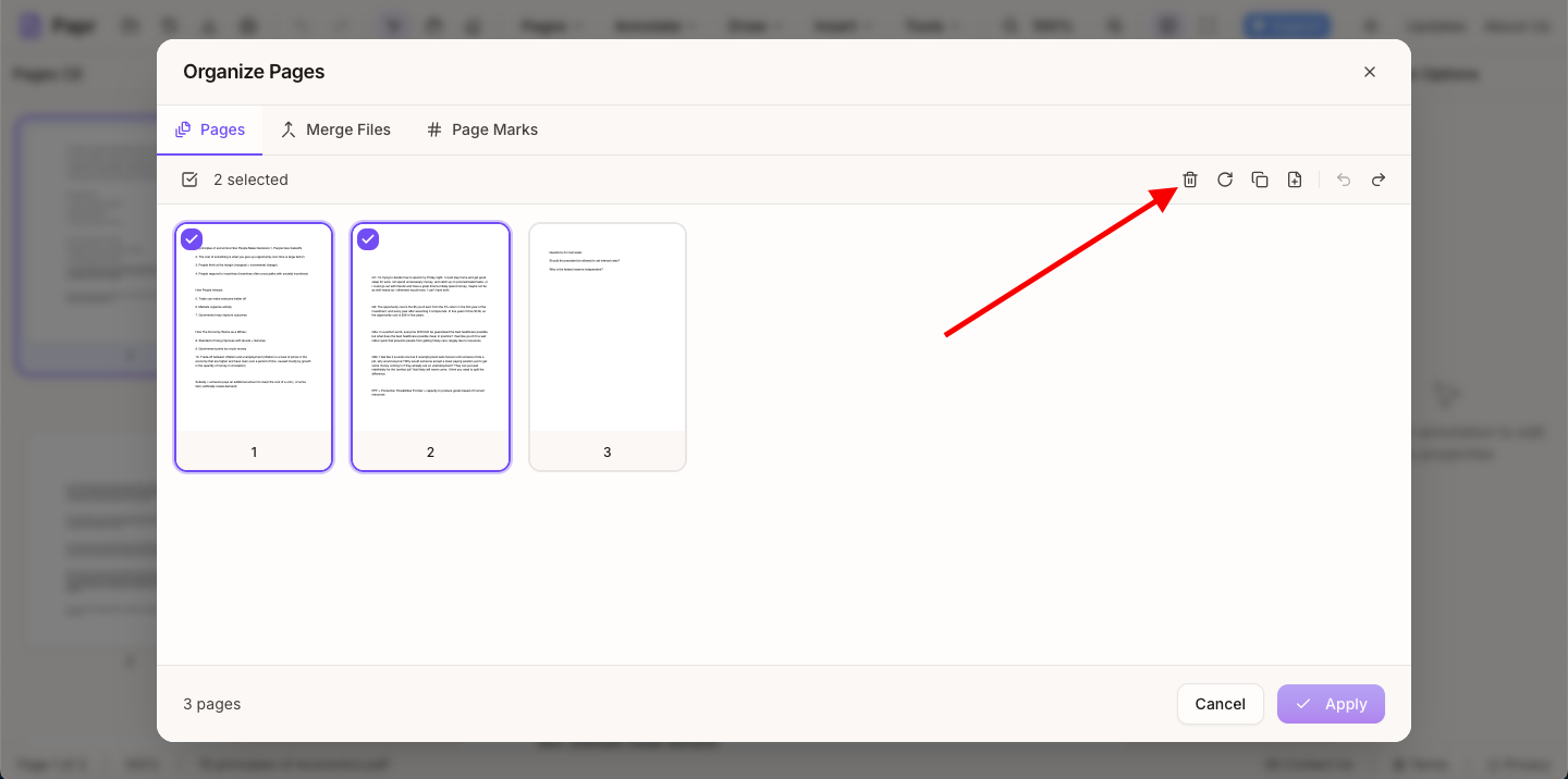 Delete button (trash icon) highlighted in the Organize Pages toolbar