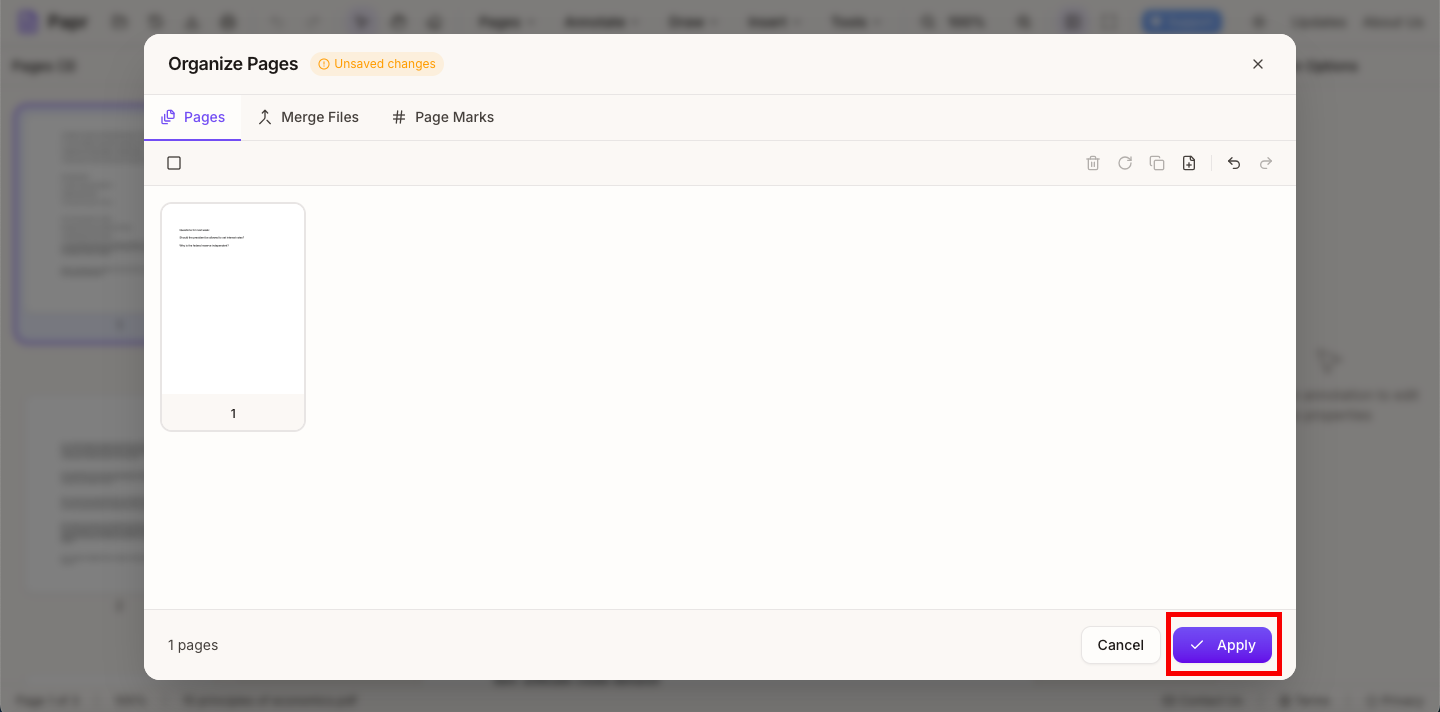 Apply button highlighted in Organize Pages modal