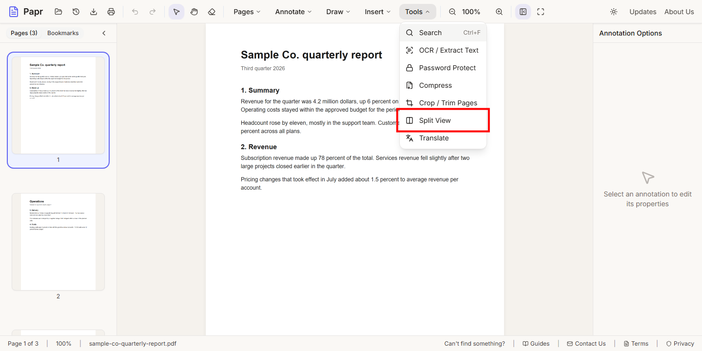 The Tools menu open, with Split View outlined in red.