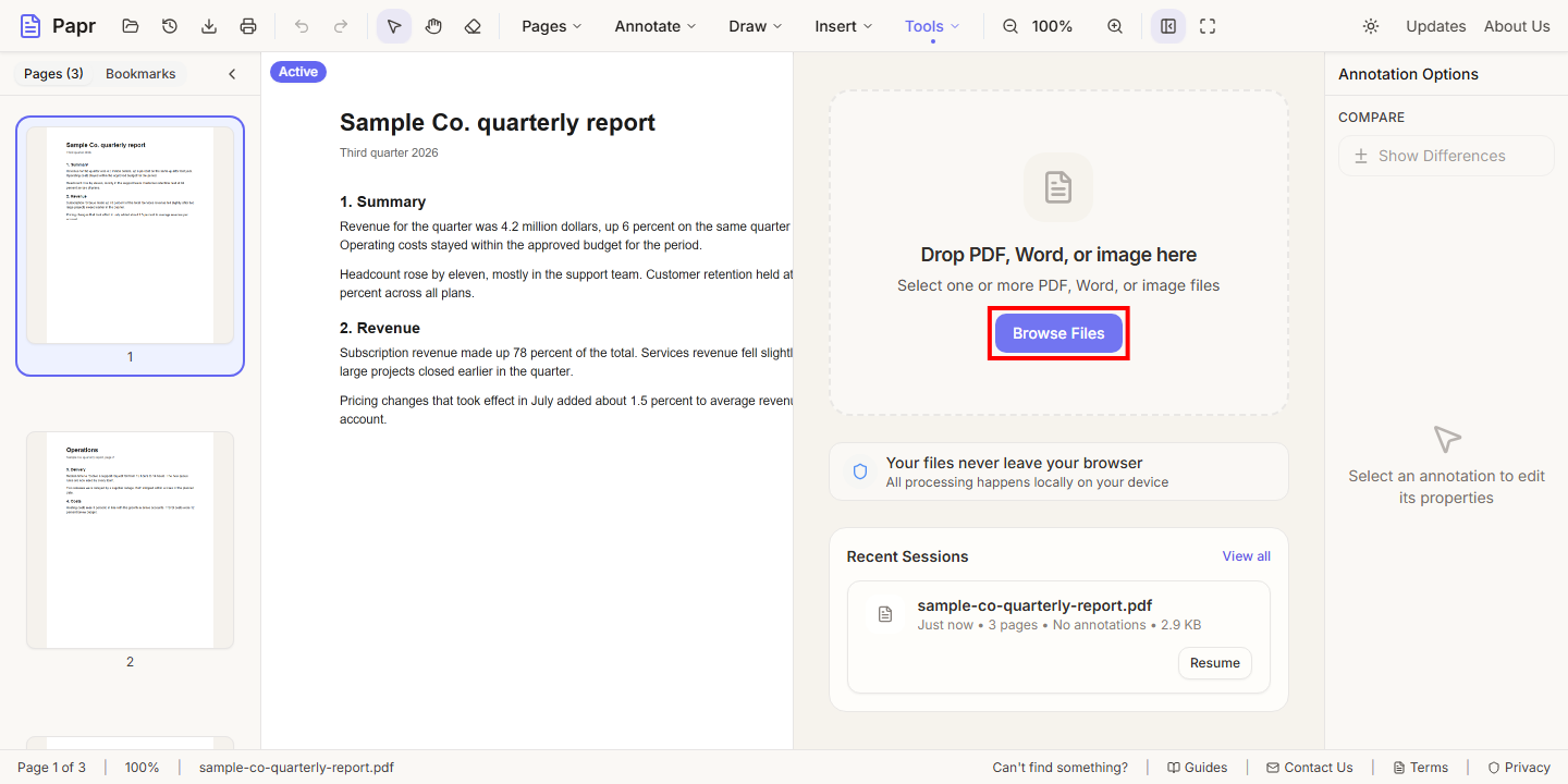 Split View with the empty right pane, showing a Browse Files button outlined in red.