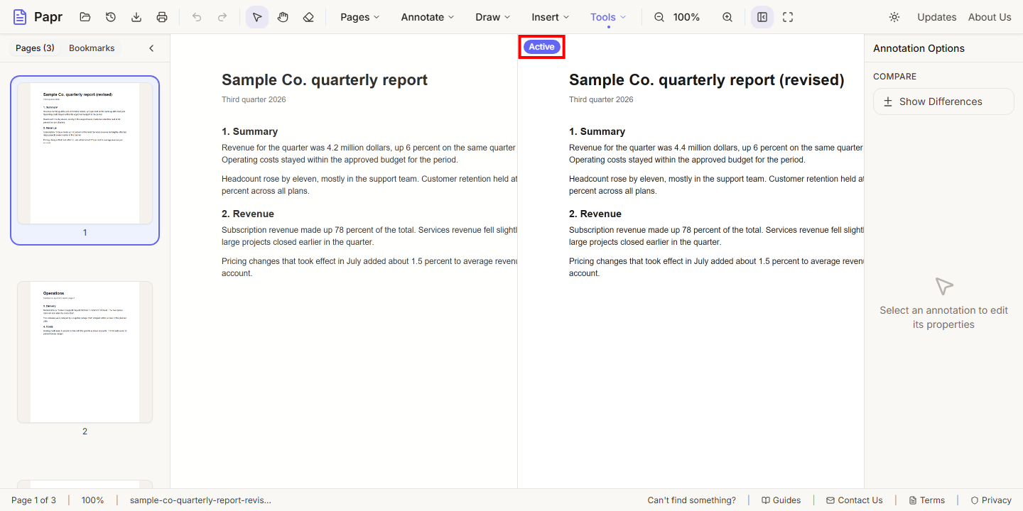Two sample reports side by side. The right pane carries an Active badge outlined in red.