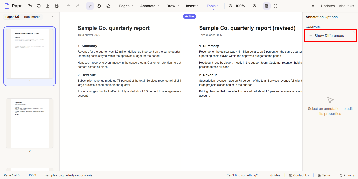 The Compare section with Show Differences outlined in red.