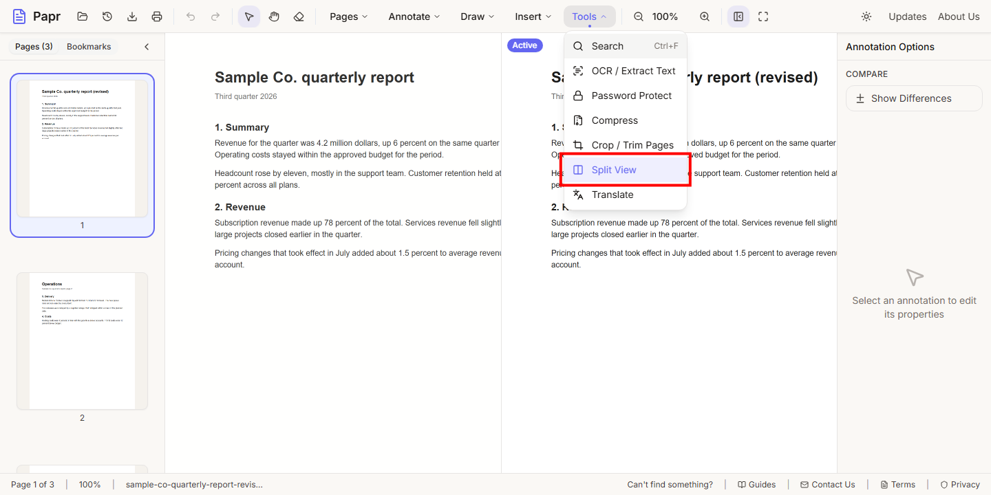 The Tools menu open, with Split View outlined in red.