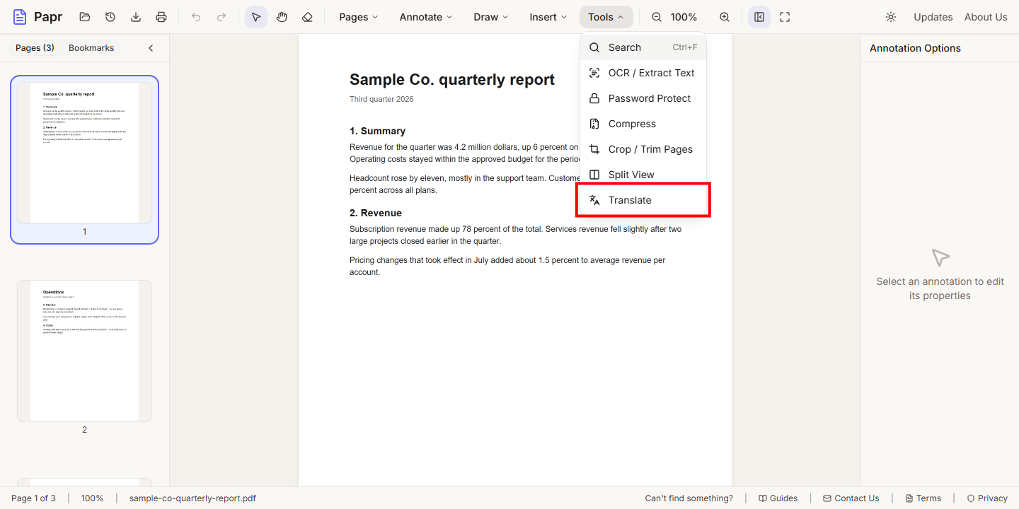 The Tools menu open, with Translate outlined in red.