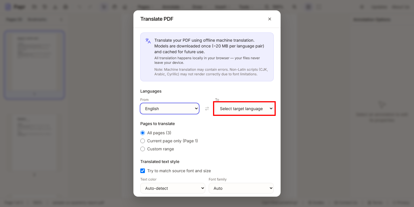 The Translate PDF dialog with the To language menu outlined in red.