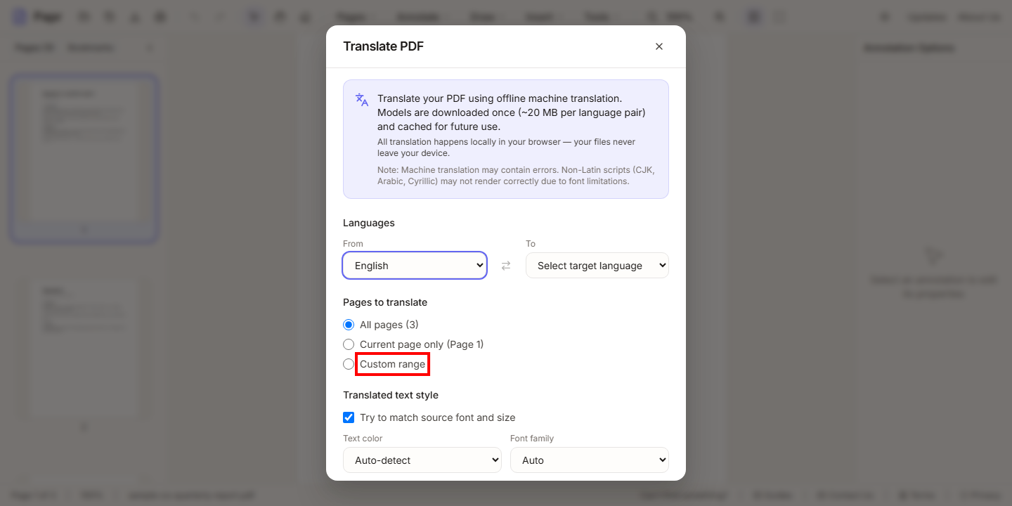 The Pages to translate options, with Custom range outlined in red.