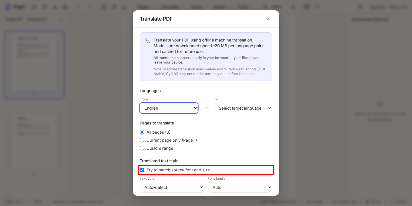 The Translated text style section with Try to match source font and size outlined in red.