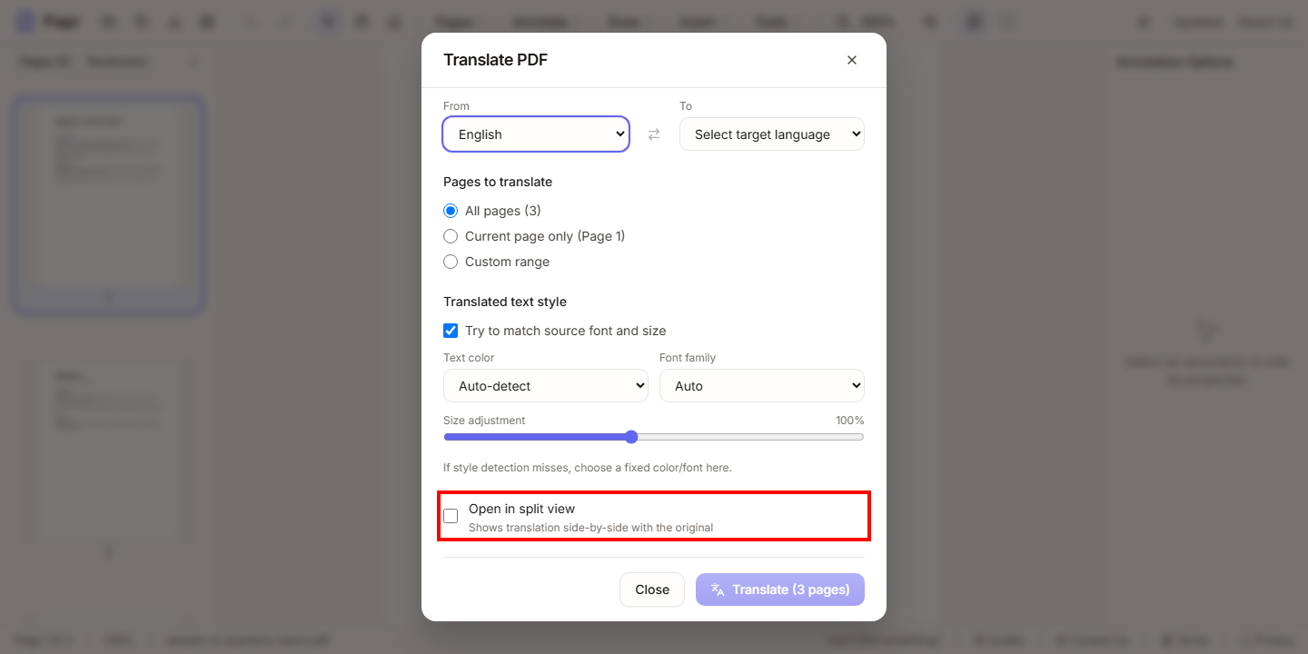 The Open in split view option outlined in red, with the Translate button at the bottom of the dialog.