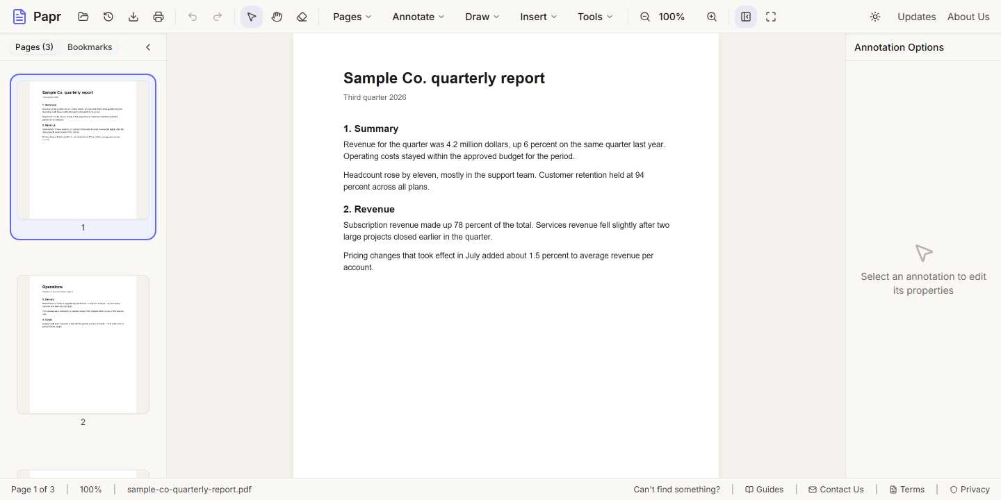 The PDF editor with a sample report open.