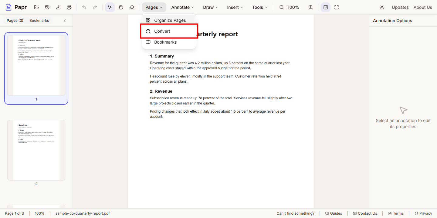 The Pages menu open, with Convert outlined in red.