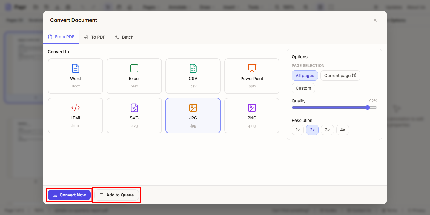 The footer of the dialog with Convert Now and Add to Queue outlined in red.