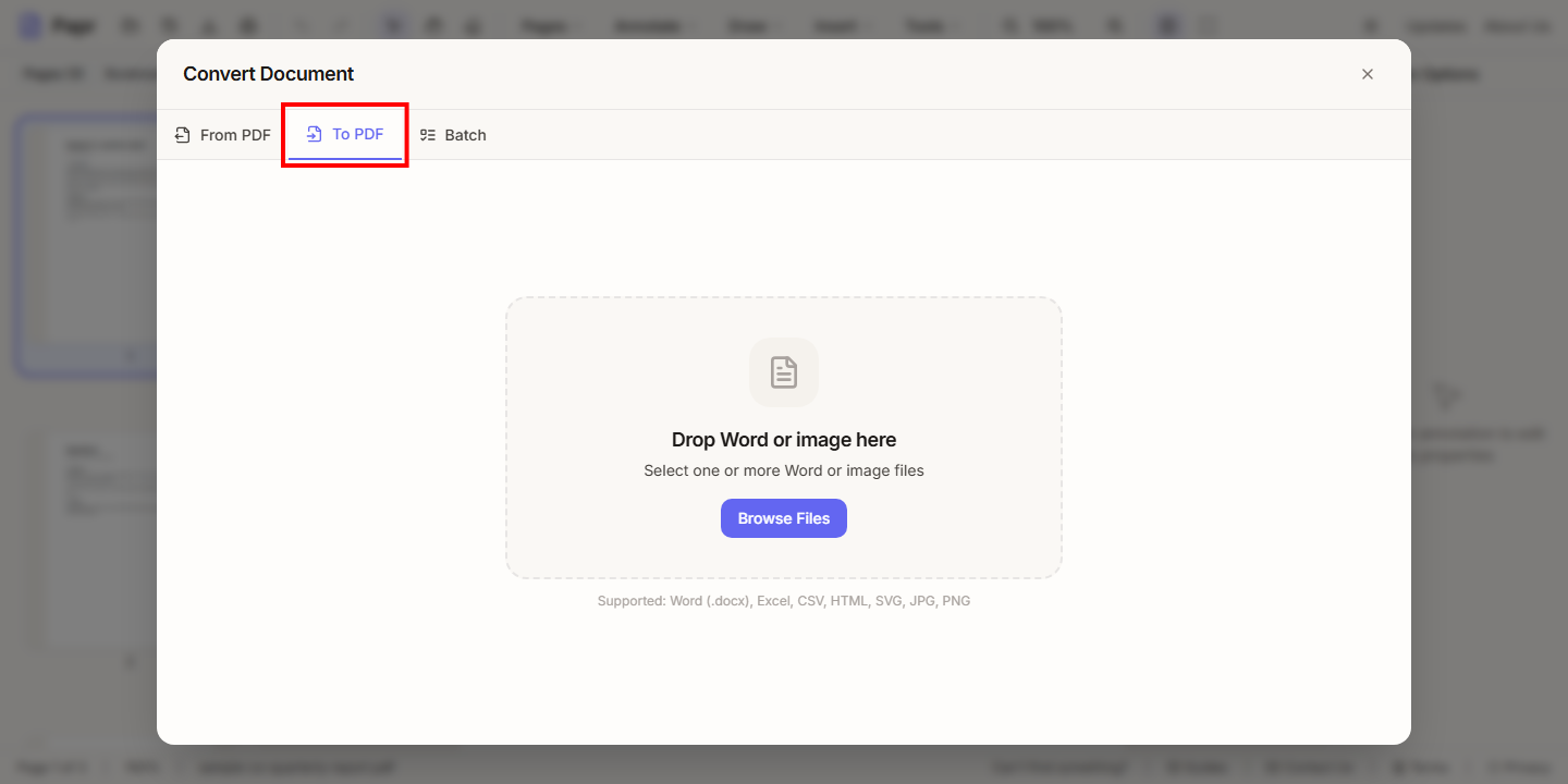 The To PDF tab, with its Browse Files button outlined in red.