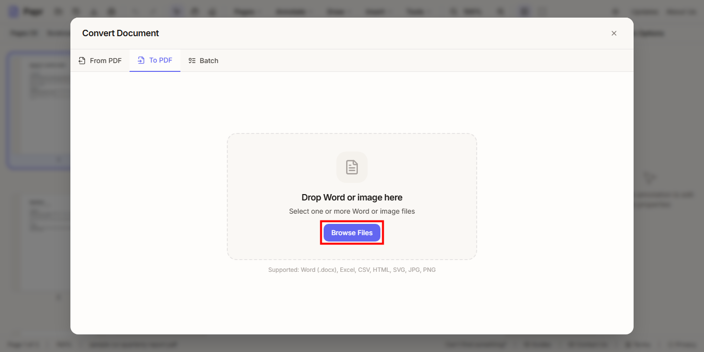 The drop area of the To PDF tab, with Browse Files outlined in red.