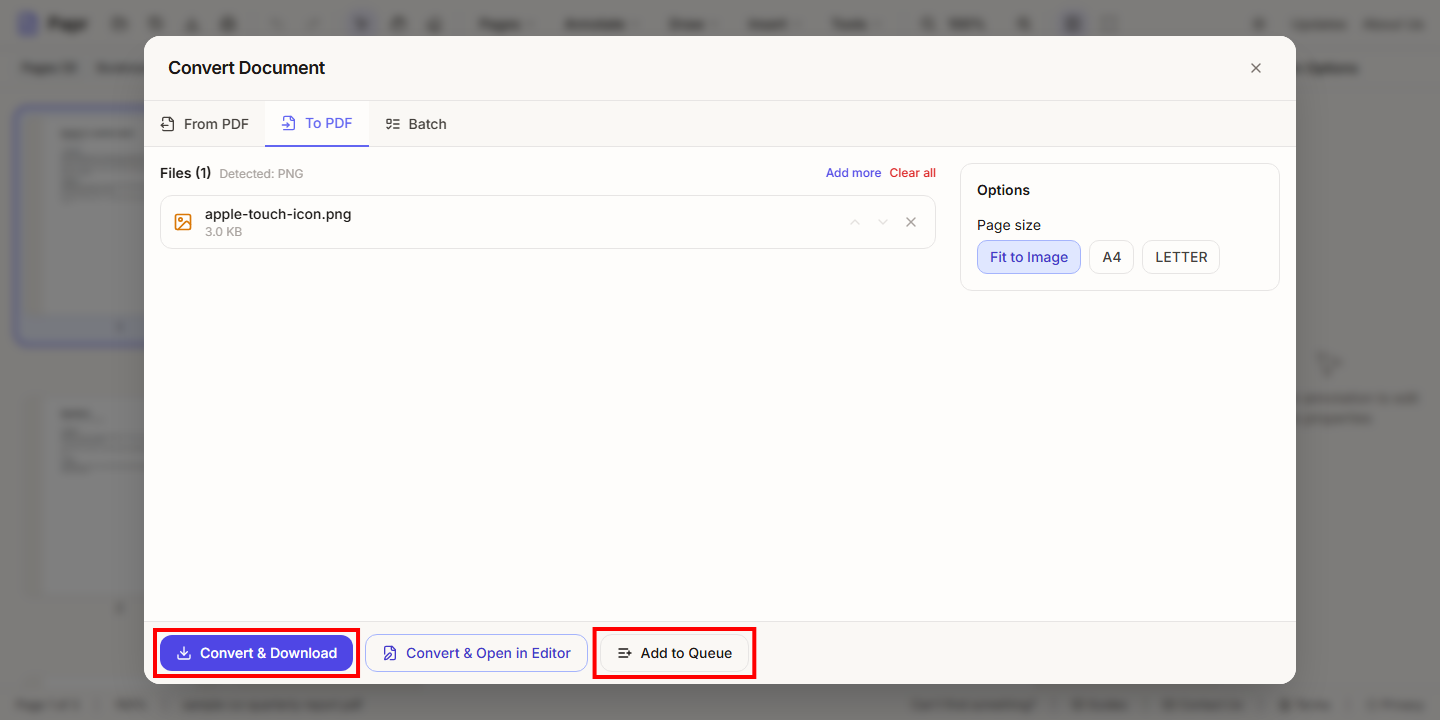 The To PDF tab with a PNG file listed. Convert and Download and Add to Queue are outlined in red.