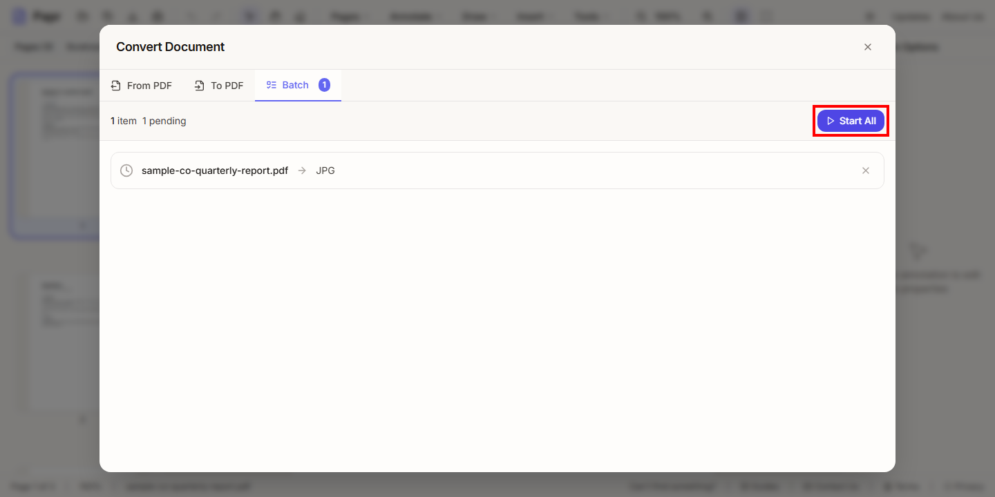 The Batch tab with one job waiting, and Start All outlined in red.